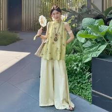 批发新中式国风无袖衬衫+直筒裤<b class='q'>套装</b>女2025夏季新款宽松显瘦百搭上衣