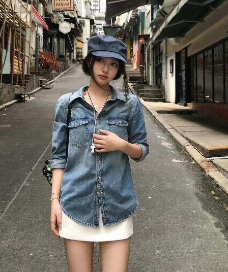 수정 에디션 2026 조기 가을철 실크 레트로 데님 맨위 여성 여름 단 닝 프로필 모양 와 성별 데님 셔츠