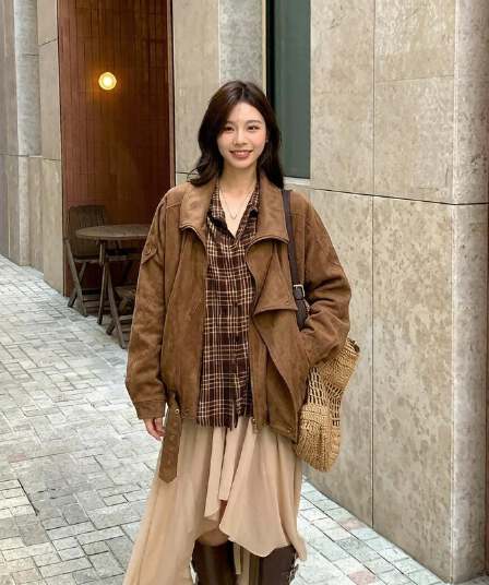 ddang 스웨이드 원단 오토바이 재킷 가을 레트로 아름다움 라드. 캐주얼 루즈핏 느긋한 폴로 칼라 프로필 모양 재킷 여성