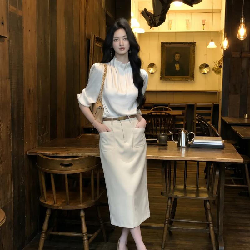 BY34743# 从一时刻万境法式手工褶立领泡泡袖衬衫高腰直筒半裙通勤套装 服裝批發女裝批發服飾貨源