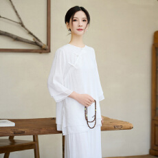 批发实拍2026民族风新款棉麻禅服套<b class='q'>装</b>圆领中袖上衣松紧腰长<b class='q'>裤</b>套