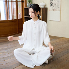 批发实拍2026民族风新款棉麻禅服套<b class='q'>装</b>立领中袖上衣松紧腰长<b class='q'>裤</b>套