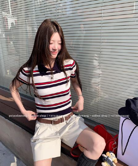 치아 세트 대 왕 miu 부서 polo 니트 스트라이프 POLO 셔츠 반팔 티셔츠 여성 긍정적 인 어깨 폴로 칼라 쇼트 스타일 맨위