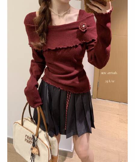 가을 겨울 한국 스타일 품격 몸매 가꾸기 오프숄더 프릴 앤디 플러시 니트 예쁜 스웨터 맨위
