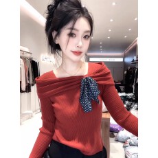 批发法式温柔风<b class='q'>一字肩</b>波点系带针织衫女2025秋冬新款气质百搭减龄上衣