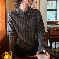 批发宋正恩黑灰色针织衫女巨好看早秋穿搭韩系蝙蝠袖宽松长袖毛衣上衣