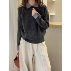 批发欧货复古翻领条纹羊绒上衣2025秋冬柔软洋气长袖针织衫百搭打底衫