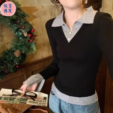 批发法式独特polo领高级感毛衣秋冬季内搭撞色假两件针织<b class='q'>打底衫</b>女上衣