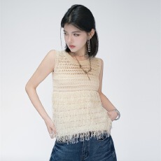 批发新款镂空圆领裙摆下摆流苏针织<b class='q'>背心</b>女夏季<b class='q'>无袖</b>上衣