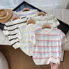 批发<b class='q'>通勤</b>百搭气质条纹冰丝针织短袖女夏薄款简约圆领减龄上衣