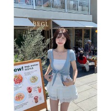 批发morning bloom绑带短袖开衫<b class='q'>女</b>夏季穿搭宽松无领百搭气质短款上衣