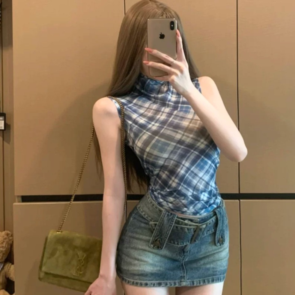 여름 새로운 순수한 욕망 바람 체크무늬 망사 반하이넥 민소매 조끼 여성 몸매 가꾸기 슬림해 보이는 쇼트 스타일 다용도 맨위