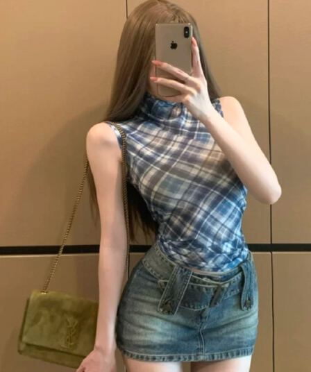 여름 새로운 순수한 욕망 바람 체크무늬 망사 반하이넥 민소매 조끼 여성 몸매 가꾸기 슬림해 보이는 쇼트 스타일 다용도 맨위