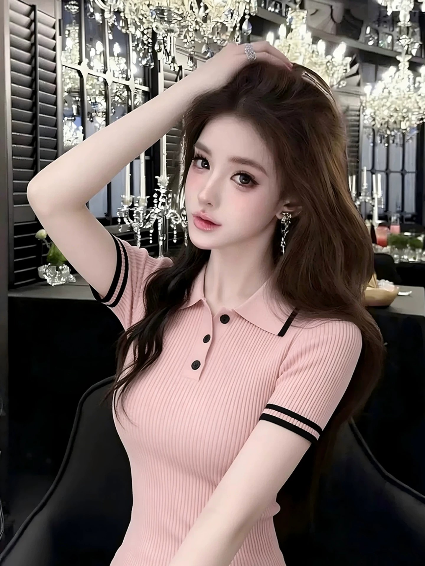 lym studio 달콤한 스타일 POLO 칼라 배색 스트라이프 니트 반팔 티셔츠 몸매 가꾸기 작은 키 몸매 가꾸기 맨위