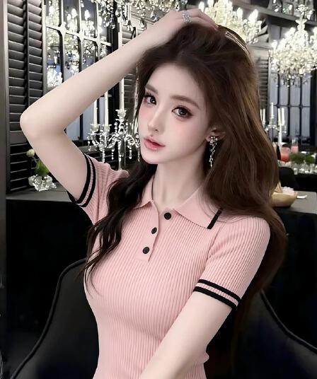 lym studio 달콤한 스타일 POLO 칼라 배색 스트라이프 니트 반팔 티셔츠 몸매 가꾸기 작은 키 몸매 가꾸기 맨위