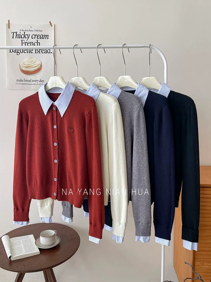 POLO 셔츠 스트라이프 칼라 패치워크 니트 페이크 레이어드 오픈 가디건 이른 가을 스택 착용 재킷 하트 자수 캐주얼 섹션 맨위