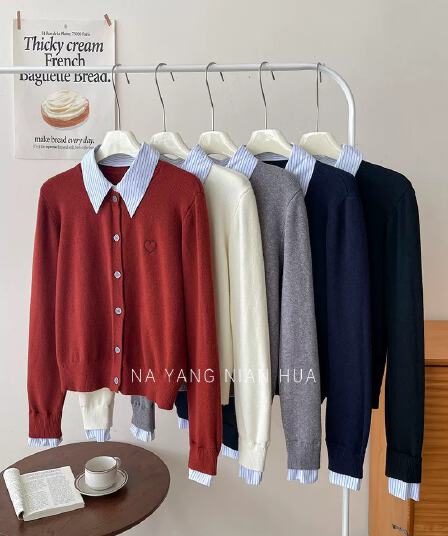 POLO 셔츠 스트라이프 칼라 패치워크 니트 페이크 레이어드 오픈 가디건 이른 가을 스택 착용 재킷 하트 자수 캐주얼 섹션 맨위