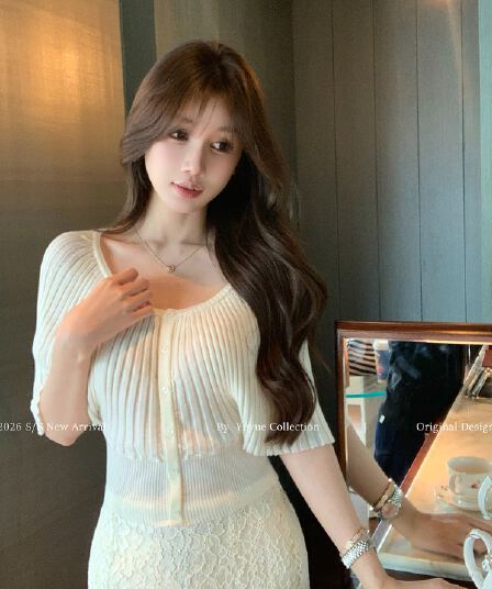 yuyueer 라운드 넥 니트 반소매 니트 스웨터 여성 여름 새로운 프랑스식 품격 몸매 가꾸기 슬림해 보이는 오픈 가디건 맨위