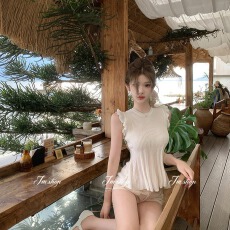 批发JMSHOP 昭和doll感 荷叶边莱赛尔天丝<b class='q'>针织衫</b>夏季收腰显瘦无袖上衣