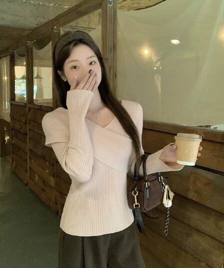 우 77 품격 핑크색 십자가 V넥 니트 스웨터 여성 겨울 몸매 가꾸기 슬림해 보이는 인사이드 가져 가라. 기본 셔츠 긴팔 맨위 새로운