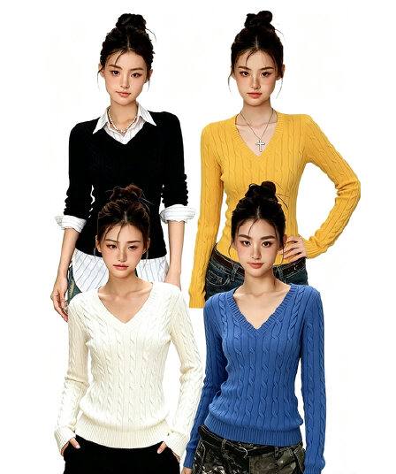 hellonana 파란색 V넥 꽈배기 스웨터 여자 가을 새로운 스택 착용 몸매 가꾸기 슬림해 보이는 만나는 니트 스웨터 맨위