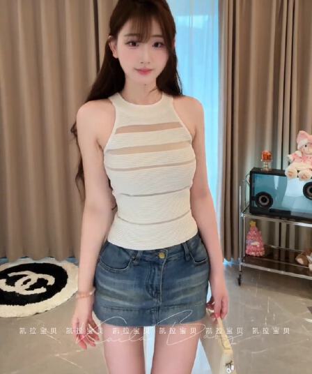 프랑스식 소녀 바람 고급 센스 홀로우 아웃 민소매 조끼 맨위 여름 지성 바람 몸매 가꾸기 슬림해 보이는 스트라이프 디자인 맨위
