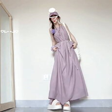 批发紫色无袖吊带<b class='q'>连衣裙</b>子女夏季2026新款海边度假风沙滩长裙茶歇法式