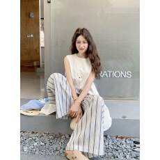 批发高级松弛感无袖上衣<b class='q'>套装</b>女夏季2026新款背心叠穿条纹阔腿裤两件套