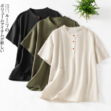 棉麻新中式上衣夏季新款 高端苎麻撞色盘扣茶服轻国风女式短袖T恤