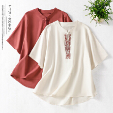 批发麻棉上衣女夏季中国民族风刺绣高端时尚宽松文艺复古气质<b class='q'>女装</b>T恤