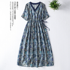 批发2026夏季新品V<b class='q'>高腰</b>系带a字裙中长款裙复古印花纯棉显瘦<b class='q'>连衣裙</b>女