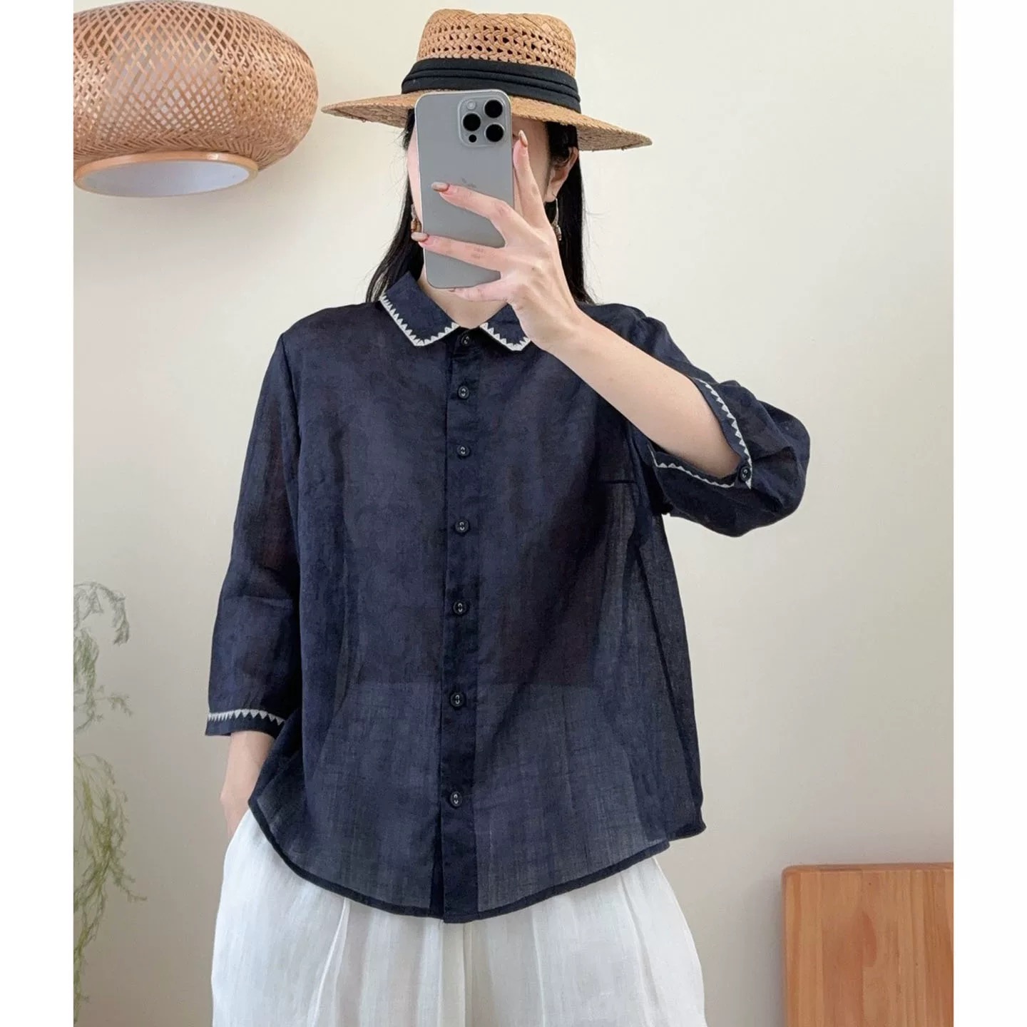 경관 그림 재고 있음 레트로 문예 여성 셔츠 2026 여름 새로운 라미 5 점 소매 작은 셔츠 루즈핏 연령 감소 맨위