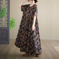 批发实拍有货  外贸简约时尚长裙夏季新款加肥<b class='q'>加大</b>短袖圆领印花连衣裙