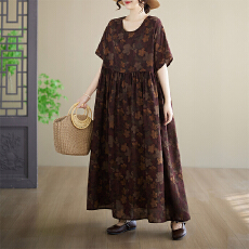 批发实拍有货  外贸简约时尚长裙夏季新款加肥<b class='q'>加大</b>短袖圆领印花连衣裙