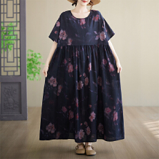 批发实拍有货  外贸简约时尚长裙夏季新款加肥<b class='q'>加大</b>短袖圆领印花连衣裙