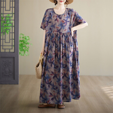 批发实拍有货  外贸简约时尚长裙夏季新款加肥<b class='q'>加大</b>短袖圆领印花连衣裙