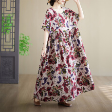 批发实拍有货  外贸简约时尚长裙夏季新款加肥<b class='q'>加大</b>短袖圆领印花连衣裙