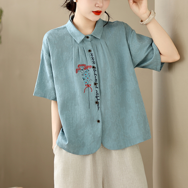 RY5355# 实拍有货 全棉短袖衬衫女夏装纯棉提花上衣纯色绣花刺绣短款T...