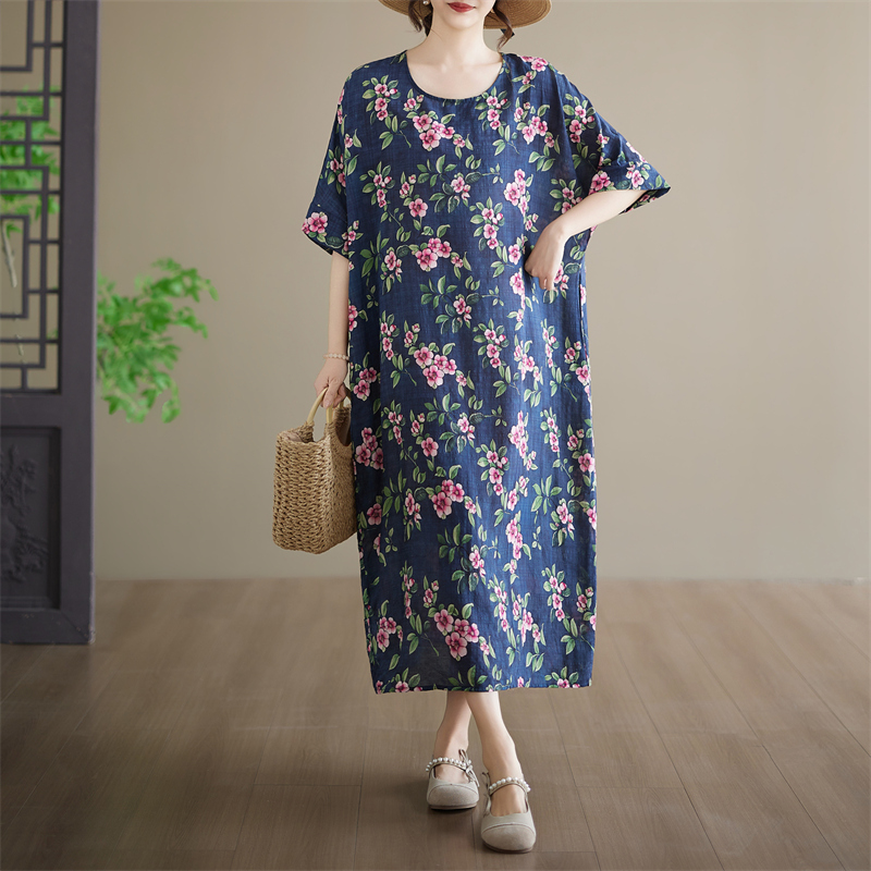 실사 재고 있음 여름 루즈핏 빅 사이즈 면 린넨 프린트 라운드 넥 반팔 무릎 아래 롱 스커트 지방 mm 디스플레이 농땡이 부리다 드레스