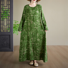 批发实拍有货 外贸棉麻印花圆领宽松大码长袖胖MM加肥加大度假<b class='q'>连衣裙</b>