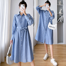 批发实拍 2026春季新款宽松条纹大码<b class='q'>长袖</b>中长款衬衫连衣<b class='q'>裙</b>