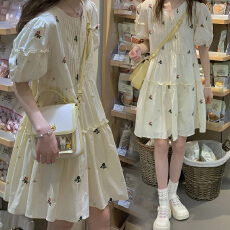 批发2026年胖MM新款夏装 刺绣碎花风琴褶连衣裙泡泡袖<b class='q'>宽松</b>娃娃裙