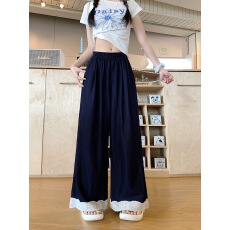 批发实拍蕾丝花边牛仔色休闲裤女夏高腰垂感阔腿裤裙宽松小个子长裤