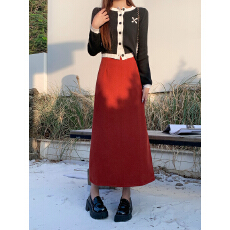 批发实拍圣诞红斜纹加厚毛呢<b class='q'>半身</b>裙女秋冬款高腰<b class='q'>包臀</b>a字<b class='q'>长裙</b>子一步裙