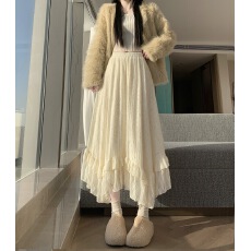 批发实拍米白色蛋糕不规则蕾丝半身裙女秋冬长款气质大摆a字伞裙长裙
