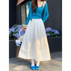 批发实拍<b class='q'>蕾丝</b>拼接半身裙女夏季空气感小白裙高腰A字显瘦大摆伞裙