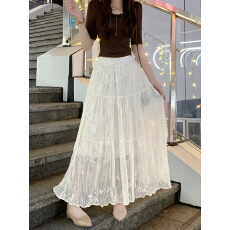 批发实拍法式浪漫重工刺绣丝皱半身裙女夏季<b class='q'>新款</b>百搭显瘦蕾丝A字<b class='q'>长裙</b>