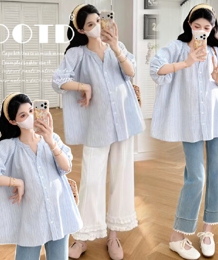 실사 2026 여름 프랑스식 질감 센스 baby 하늘색 신선함 반팔 연령 감소 셔츠