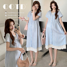 批发实拍 2026 蓝梦华韵 气质木耳边花边拼接假两件孕妇减龄连衣裙