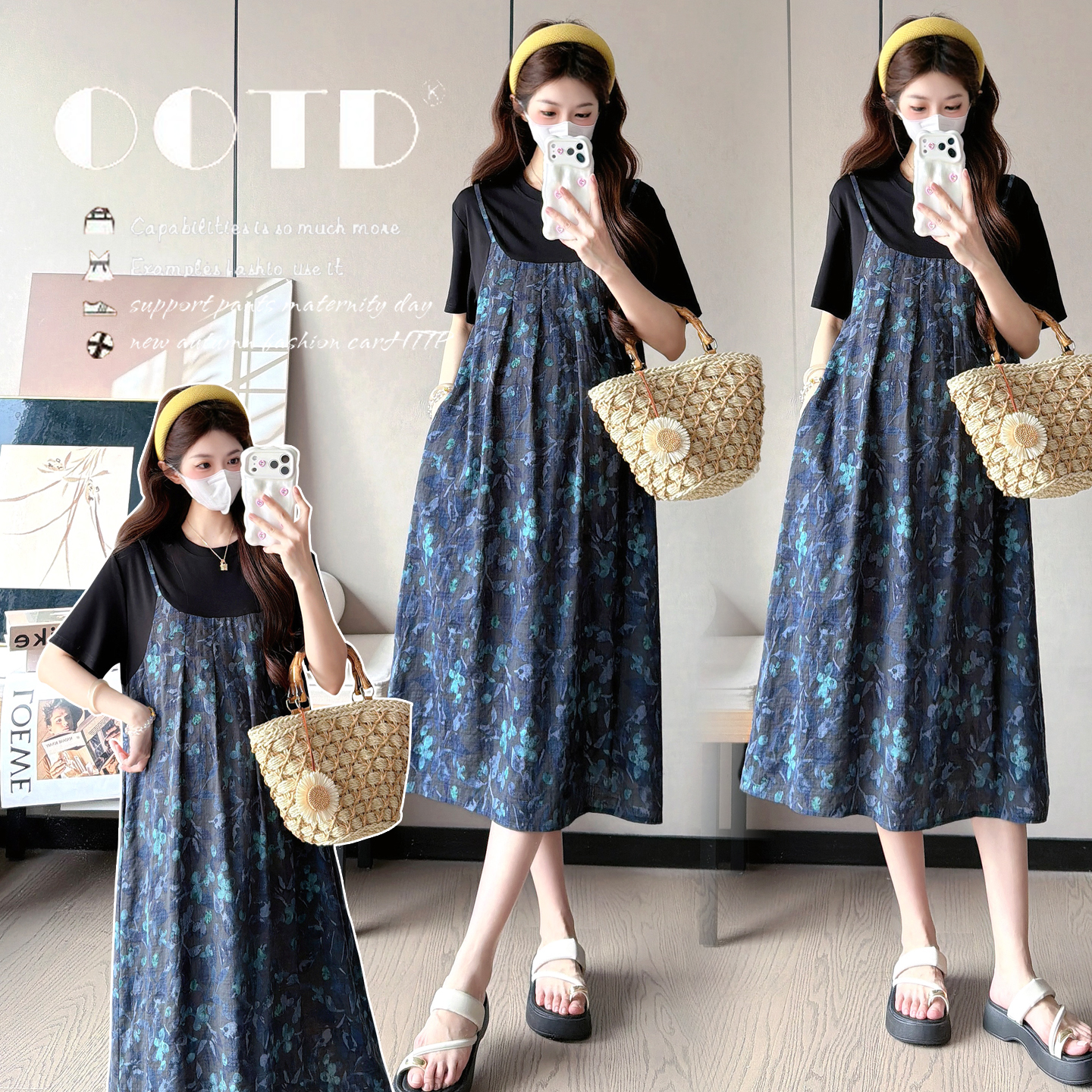 실사 xian 2026 프랑스식 다용도 루즈핏 슬림해 보이는 디자인 문예 바람 꽃무늬 페이크 레이어드 빅 사이즈 드레스